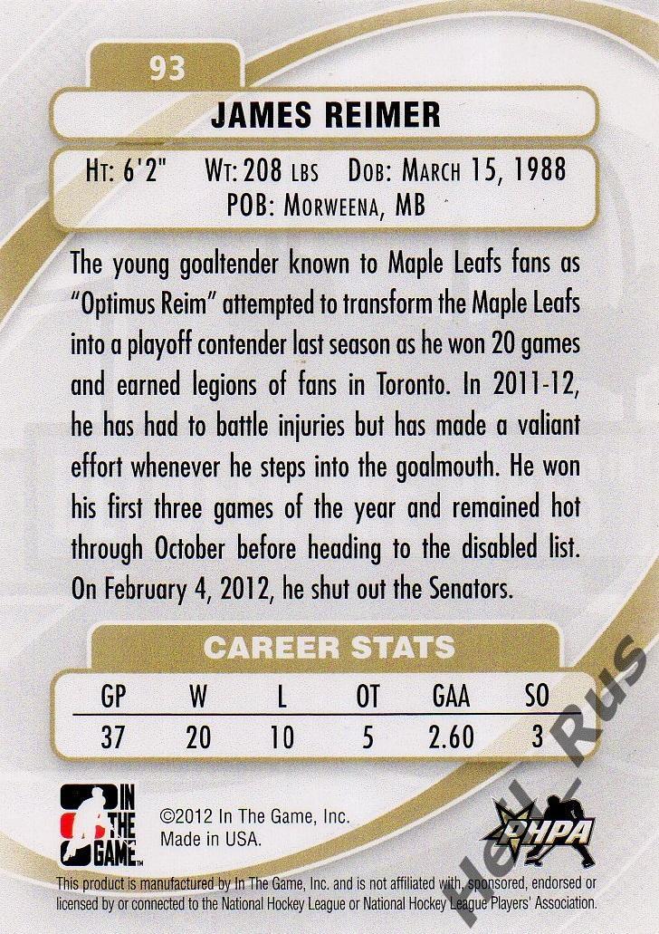 Хоккей. Карточка James Reimer/Джеймс Раймер Toronto Maple Leafs/Торонто НХЛ/NHL 1
