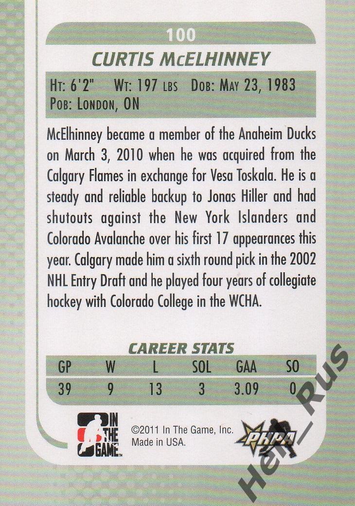 Хоккей Карточка Curtis McElhinney/Кертис Макелинни Anaheim Ducks/Анахайм НХЛ/NHL 1