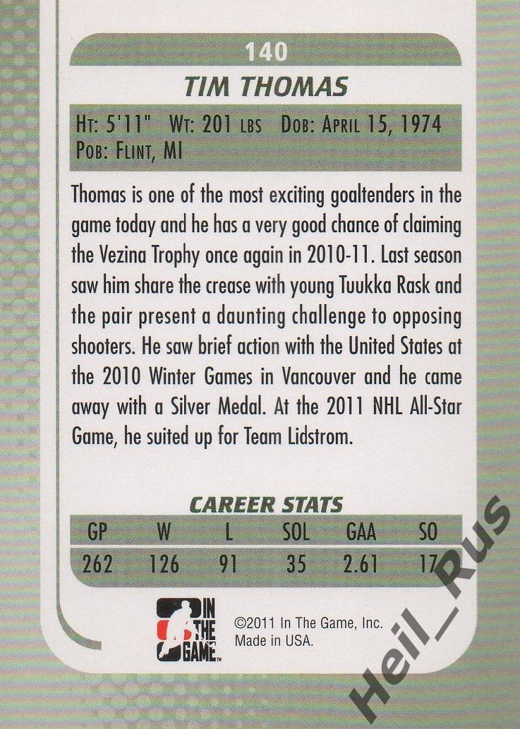 Хоккей. Карточка Tim Thomas / Тим Томас (Boston Bruins / Бостон Брюинз) НХЛ/NHL 1