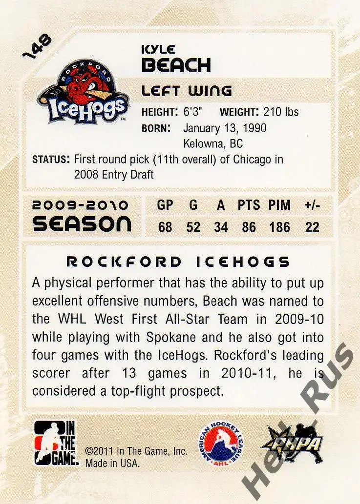 Хоккей. Карточка Kyle Beach/Кайл Бич (Rockford IceHogs/Рокфорд) НХЛ/NHL, AHL 1