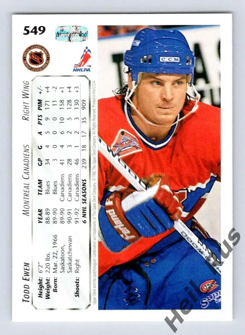 Хоккей Карточка Todd Ewen/Тодд Юэн Montreal Canadiens/Монреаль Канадиенс НХЛ/NHL 1
