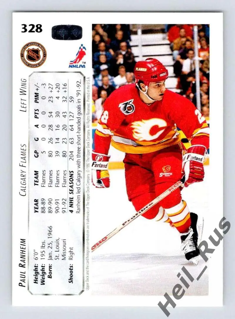 Хоккей. Карточка Paul Ranheim/Пол Ранхайм Calgary Flames/Калгари Флэймз НХЛ/NHL 1