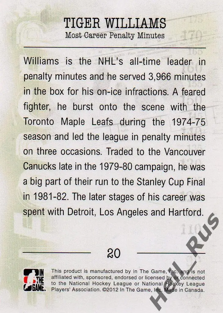 Хоккей. Карточка Tiger Williams/Тайгер Уильямс (Toronto Maple Leafs) НХЛ/NHL 1