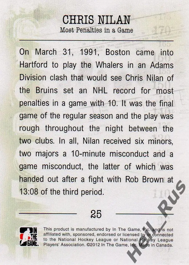 Хоккей. Карточка Chris Nilan / Крис Нилан (Boston Bruins/Бостон Брюинз) НХЛ/NHL 1