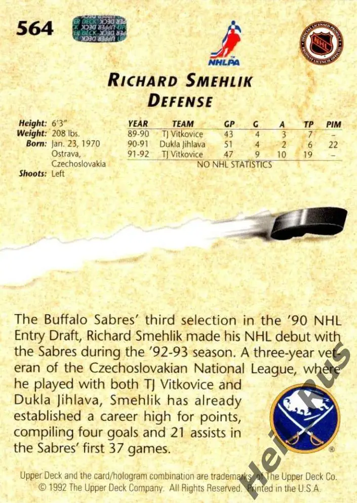 Хоккей. Карточка Richard Smehlik/Рихард Шмехлик (Buffalo Sabres/Баффало) НХЛ/NHL 1
