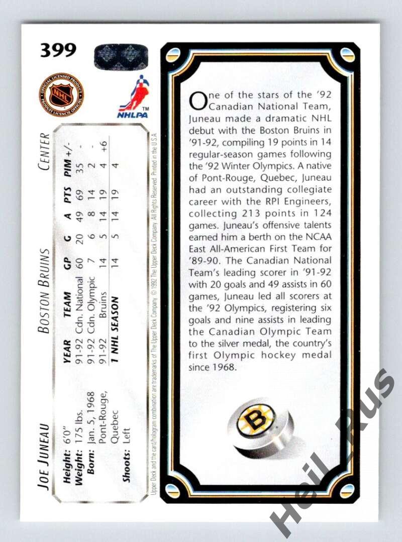Хоккей. Карточка Joe Juneau/Джо Жюно (Boston Bruins / Бостон Брюинз) НХЛ/NHL 1