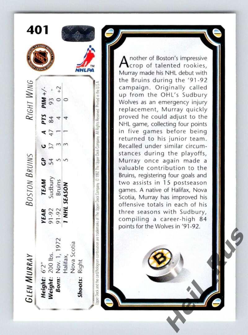 Хоккей. Карточка Glen Murray/Глен Мюррей (Boston Bruins / Бостон Брюинз) НХЛ/NHL 1