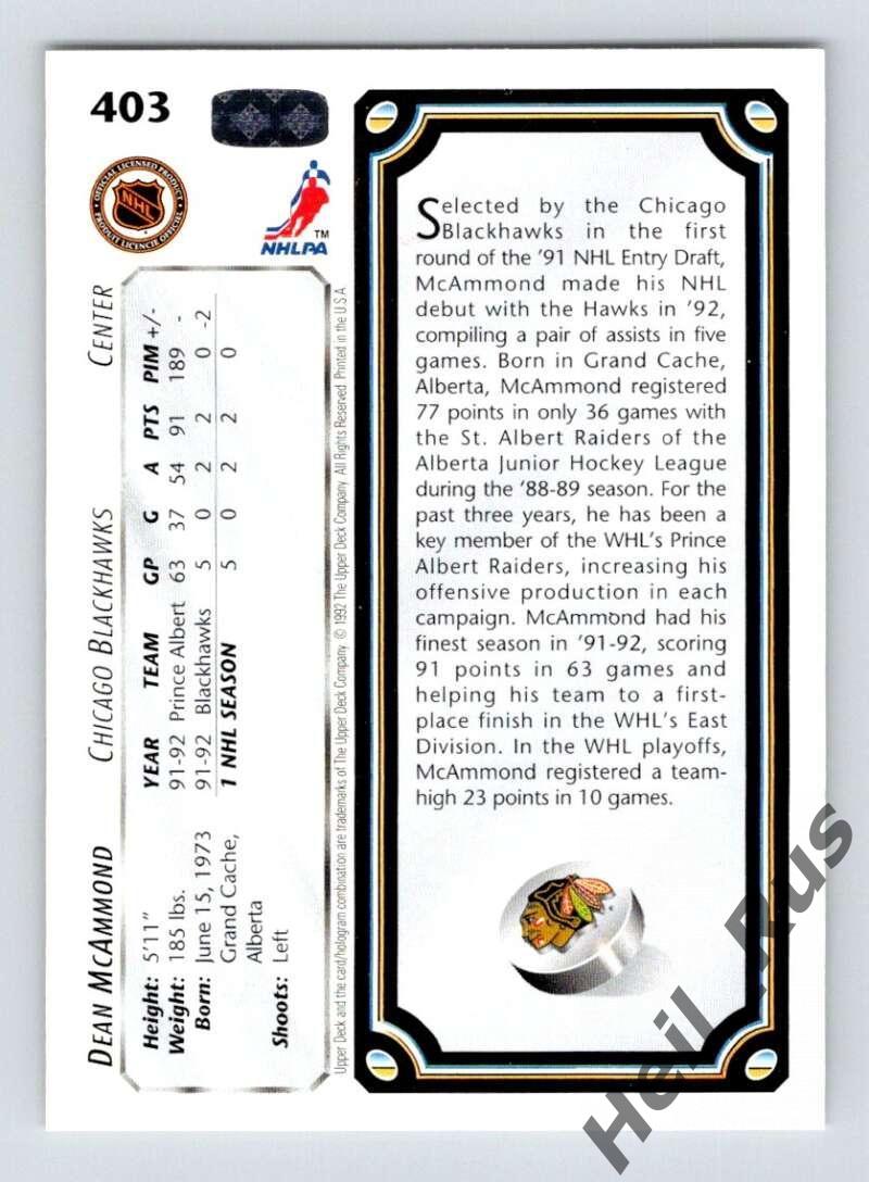 Хоккей. Карточка Dean McAmmond/Дин Макаммонд (Chicago Blackhawks/Чикаго) НХЛ/NHL 1