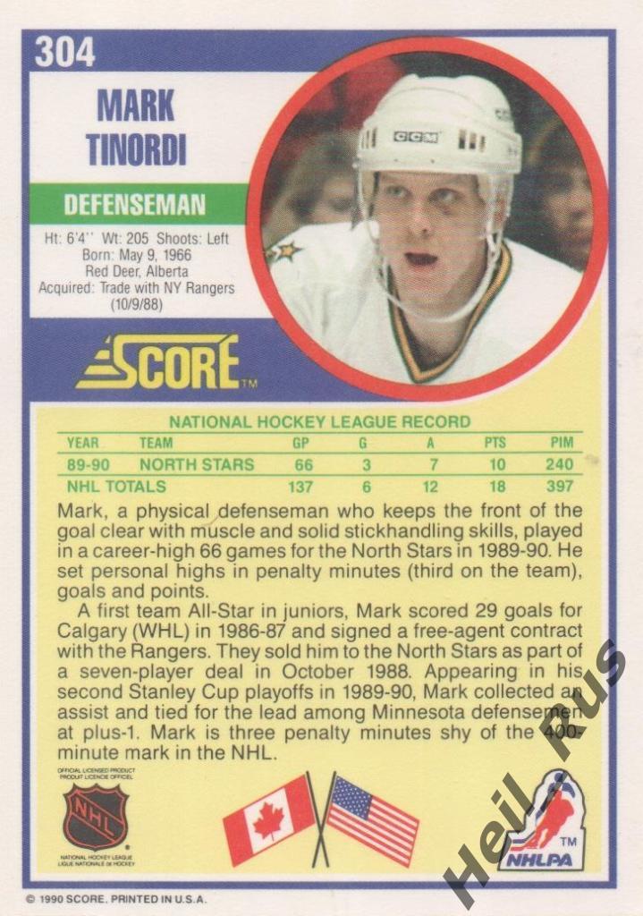 Хоккей. Карточка Mark Tinordi / Марк Тинорди (Minnesota North Stars) НХЛ/NHL 1