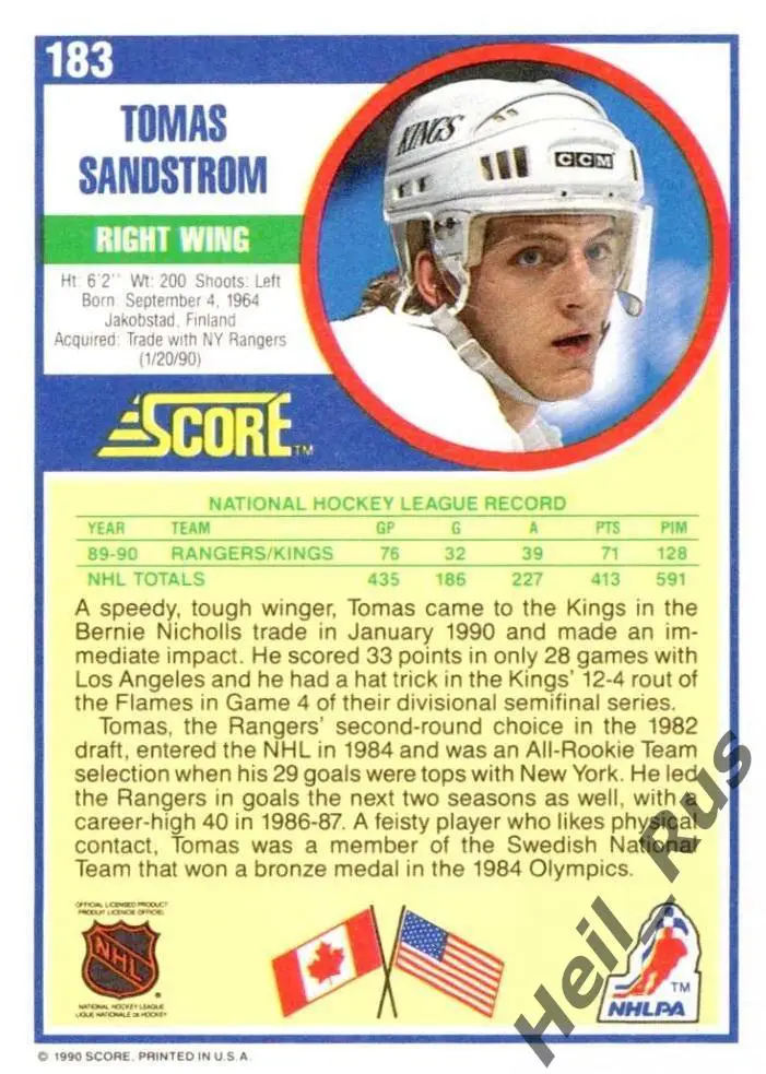 Хоккей; Карточка Tomas Sandstrom/Томас Сандстрем Los Angeles Kings/Кингз НХЛ/NHL 1