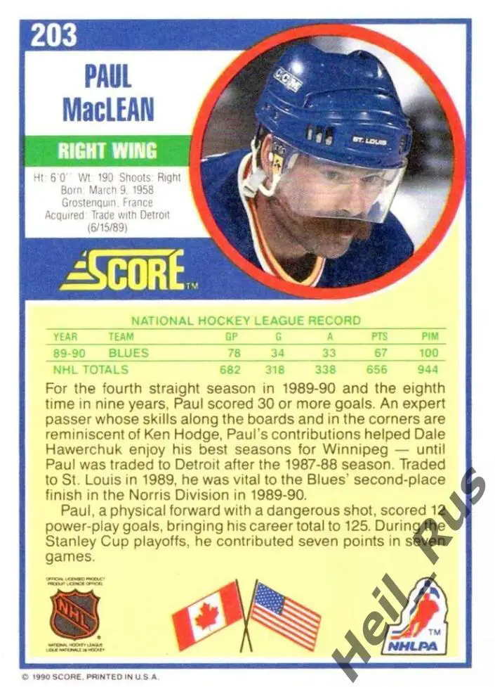 Хоккей Карточка Paul MacLean/Пол Маклин (St. Louis Blues/Сент-Луис Блюз) НХЛ/NHL 1