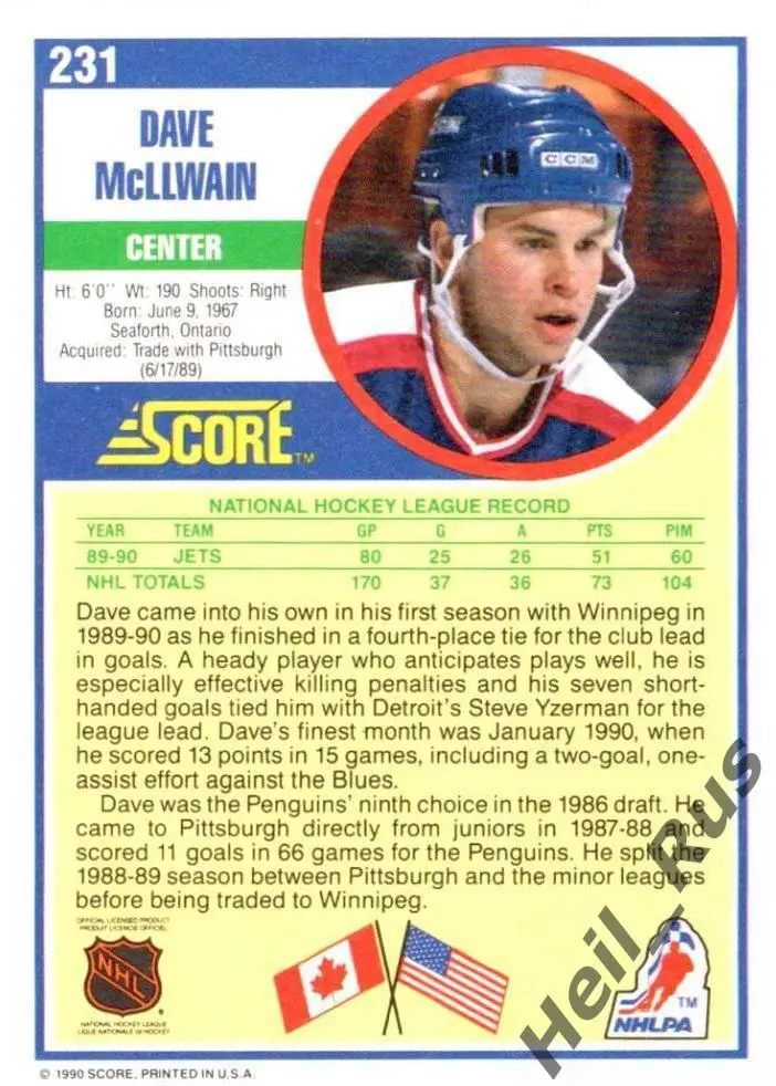 Хоккей. Карточка Dave McLlwain/Дэйв Макллуэйн (Winnipeg Jets/Виннипег) НХЛ/NHL 1