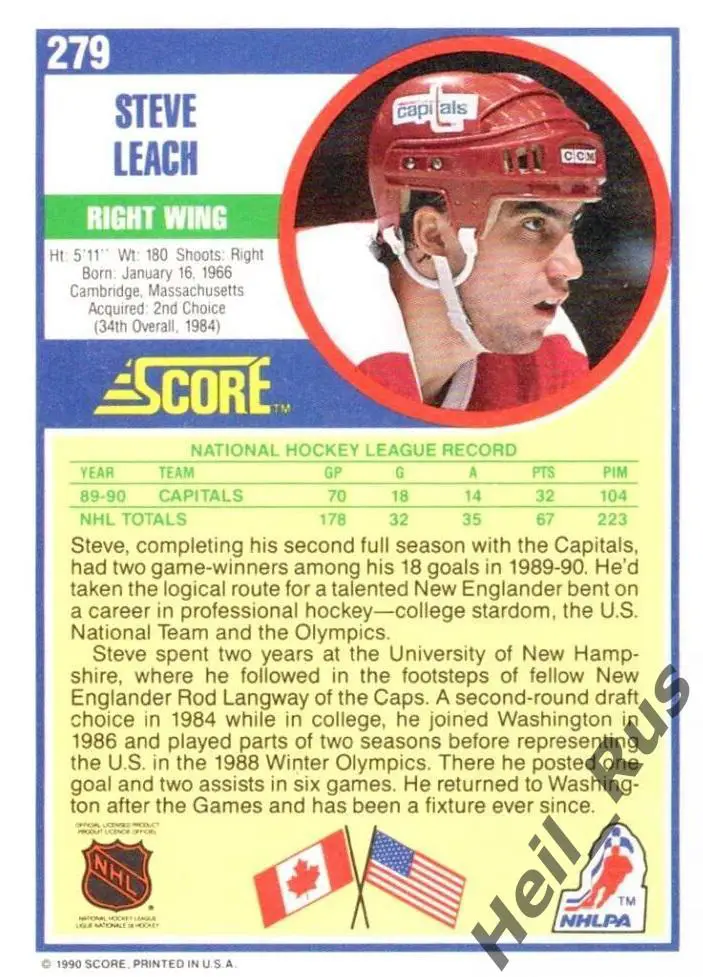 Хоккей. Карточка Steve Leach/Стефен Лич (Washington Capitals/Вашингтон) НХЛ/NHL 1