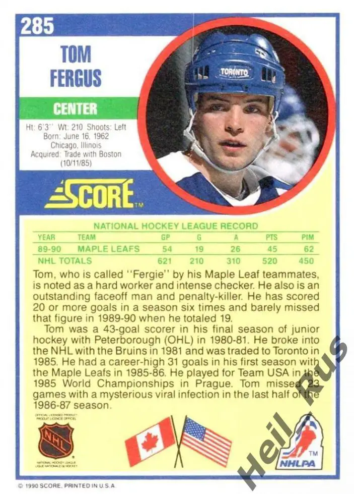 Хоккей. Карточка Tom Fergus/Том Фергус (Toronto Maple Leafs/Торонто) НХЛ/NHL 1