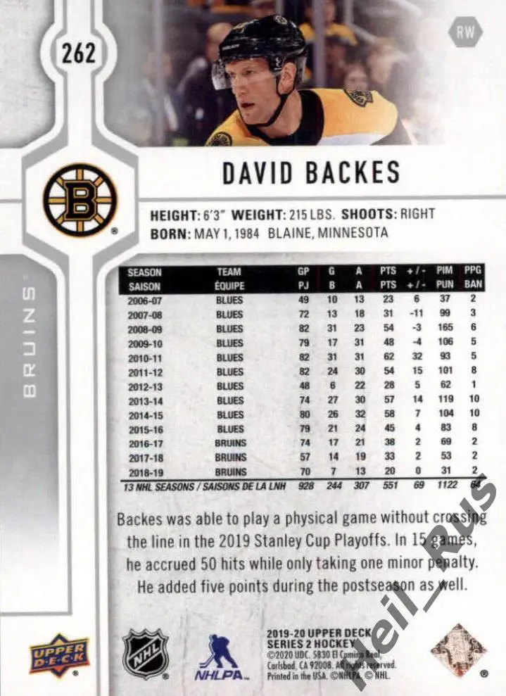 Хоккей. Карточка David Backes/Дэвид Бэкес (Boston Bruins/Бостон Брюинз) НХЛ/NHL 1