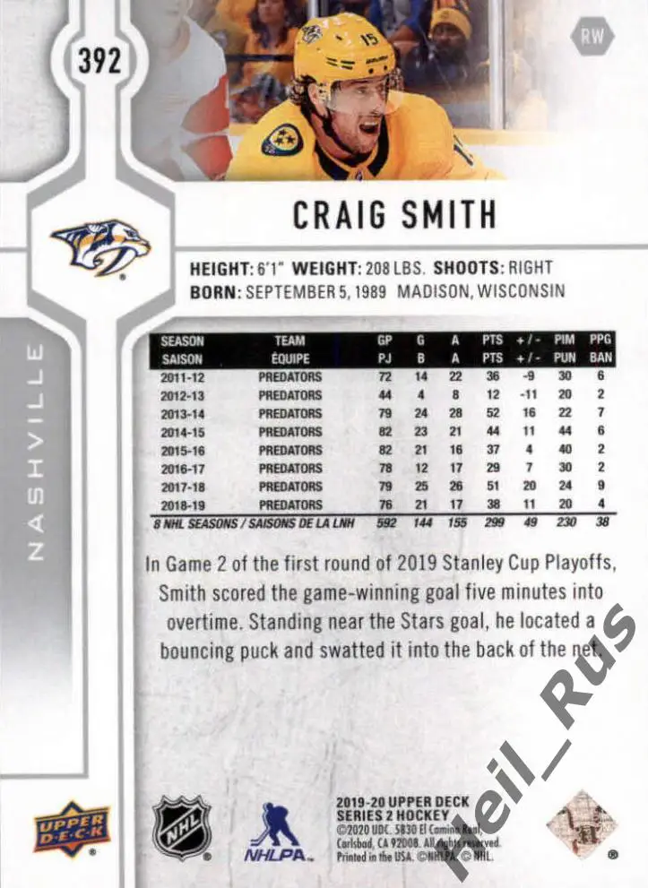 Хоккей. Карточка Craig Smith/Крэйг Смит (Nashville Predators/Нэшвилл) НХЛ/NHL 1