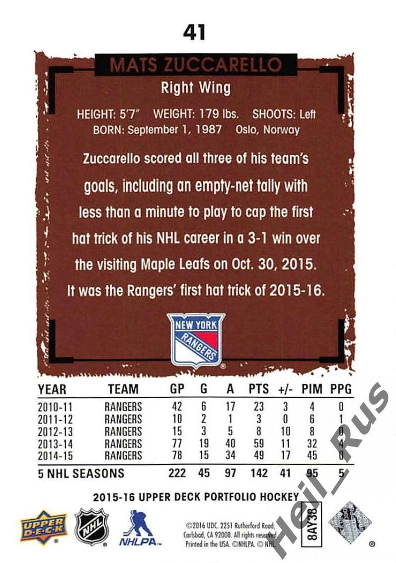 Хоккей Карточка Матс Цуккарелло New York Rangers, Металлург Магнитогорск НХЛ/КХЛ 1