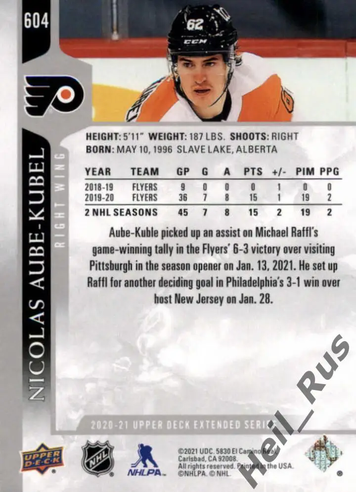 Хоккей Карточка Nicolas Aube-Kubel/Николя Обе-Кубель Philadelphia Flyers НХЛ/NHL 1