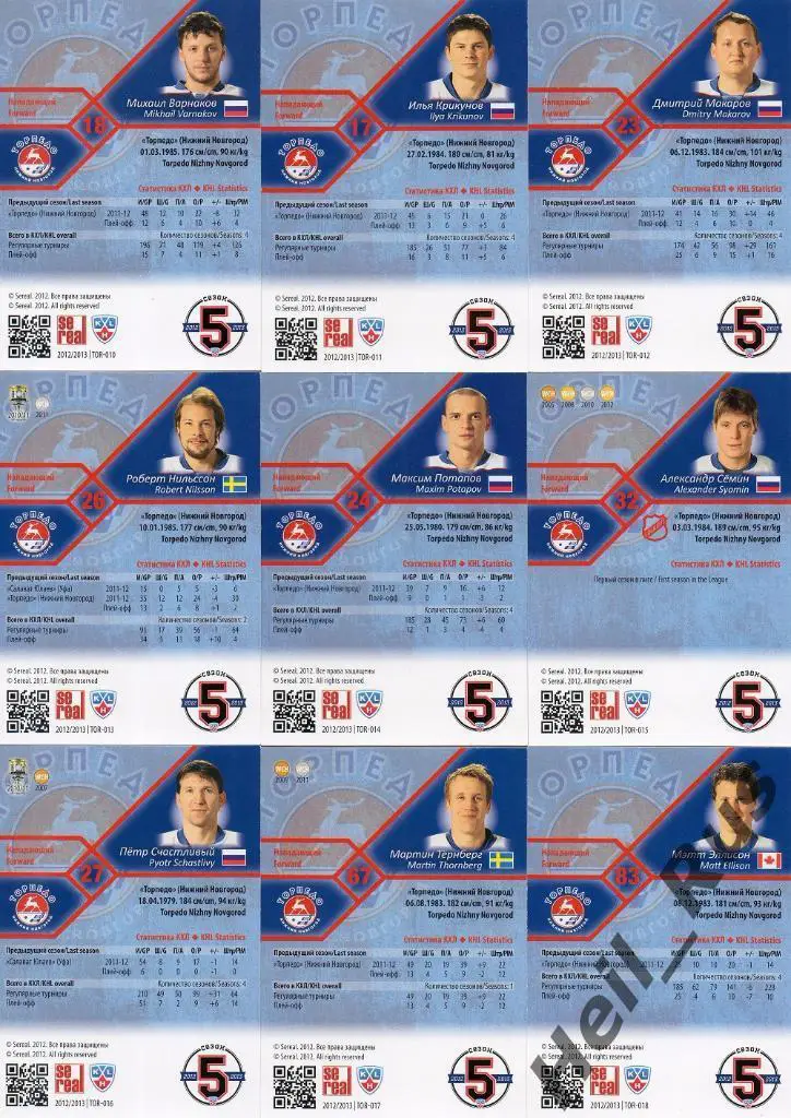 Хоккей. КХЛ. Торпедо Нижний Новгород 18 карточек сезон 2012/13 SeReal Семин и др 3