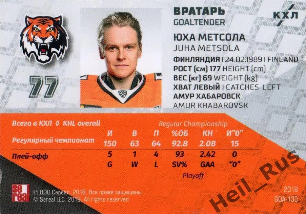 Хоккей Карточка вратарь Юха Метсола (Амур Хабаровск) КХЛ/KHL SeReal, тираж 17/18 1