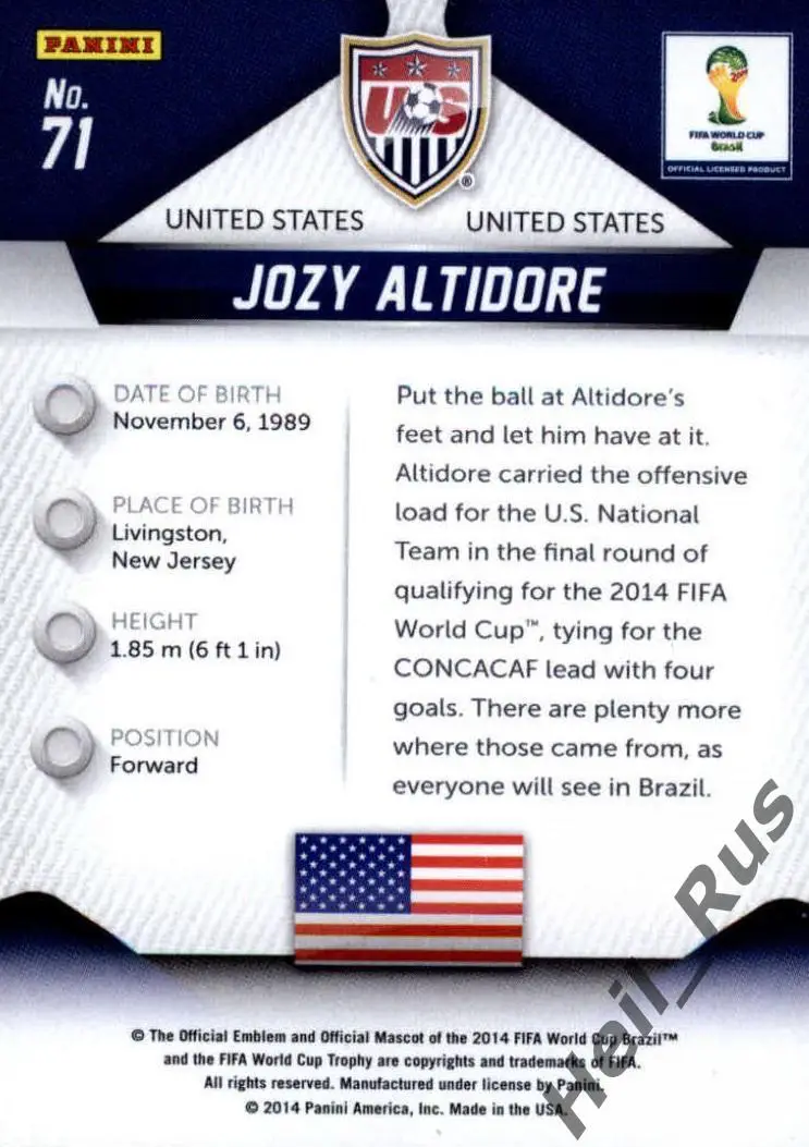 Футбол. Карточка Джози Алтидор (USA/США, Сандерленд) Чемпионат Мира 2014 Panini 1