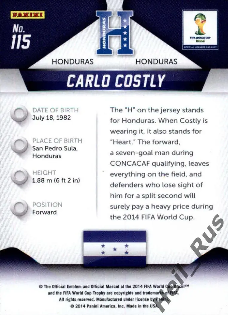 Футбол. Карточка Carlo Costly/Карло Костли (Гондурас) Чемпионат Мира 2014 Panini 1