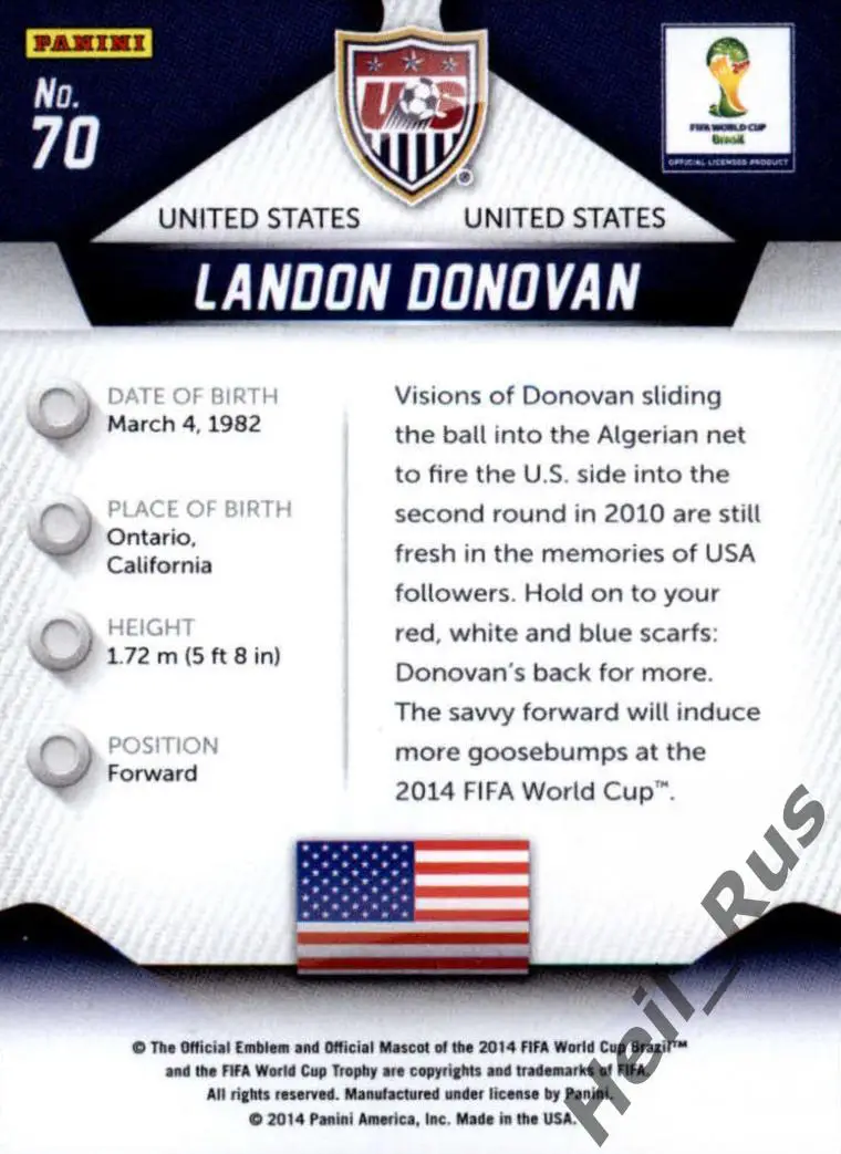 Футбол Карточка Landon Donovan/Лэндон Донован USA/США Чемпионат Мира 2014 Panini 1