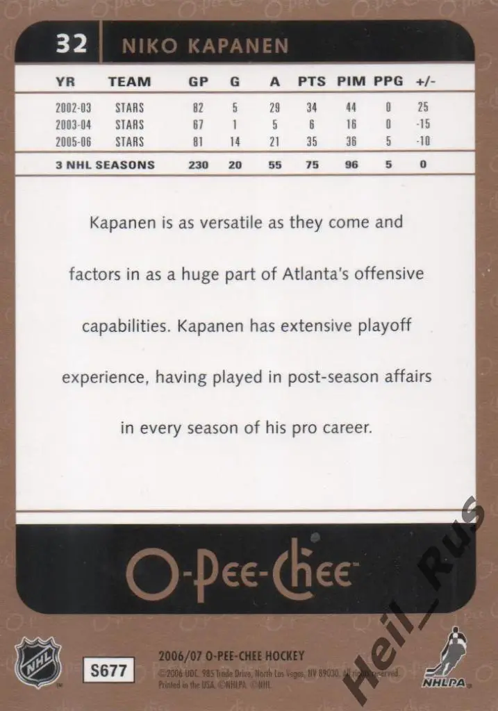 Хоккей. Карточка Нико Капанен (Atlanta Thrashers, Ак Барс, Йокерит) НХЛ/NHL/КХЛ 1