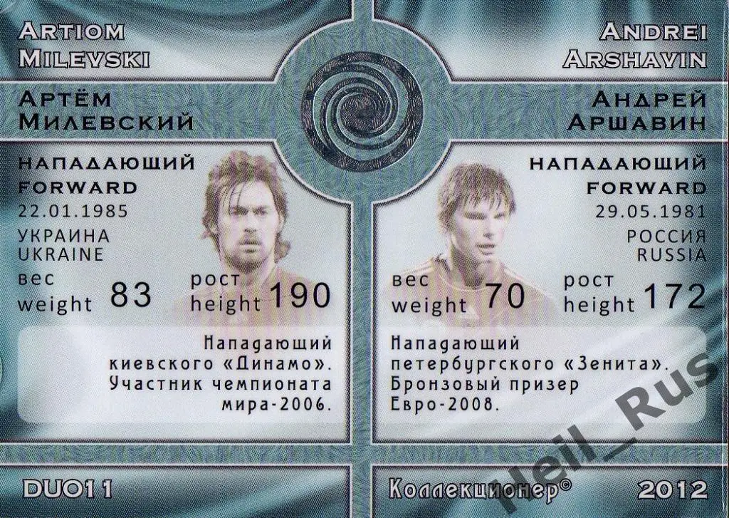 Футбол. Карточка Андрей Аршавин/Артем Милевский Россия/Украина, Зенит GalacticoS 1