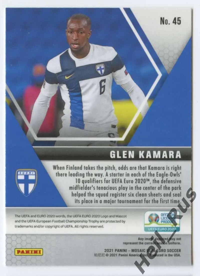Футбол Карточка Glen Kamara/Глен Камара Финляндия, Арсенал Euro/Евро 2020 Panini 1