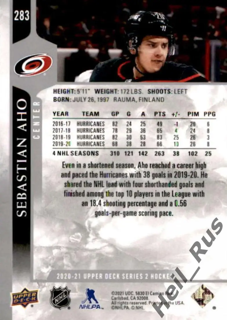 Хоккей Карточка Sebastian Aho/Себастьян Ахо Carolina Hurricanes/Каролина НХЛ/NHL 1