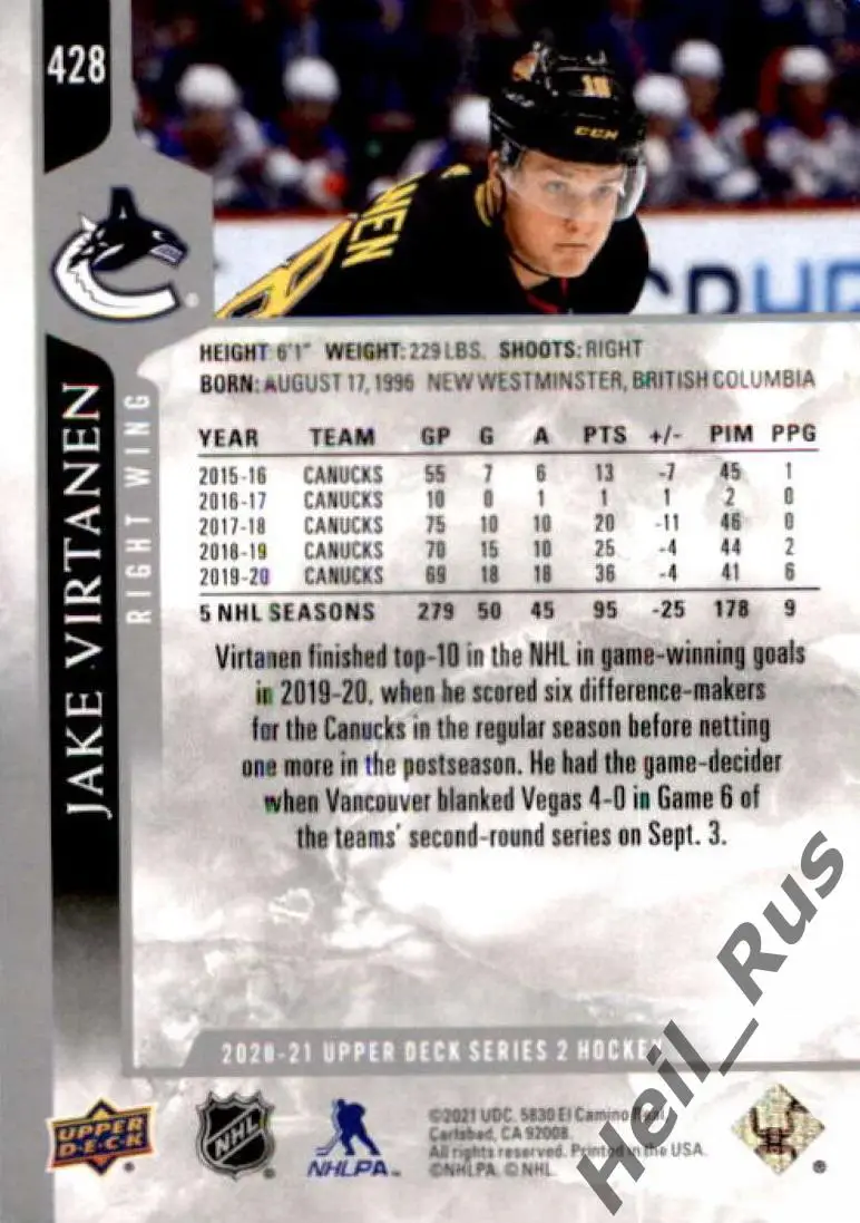 Хоккей Карточка Джейк Виртанен Vancouver Canucks/Ванкувер Спартак Москва НХЛ/КХЛ 1