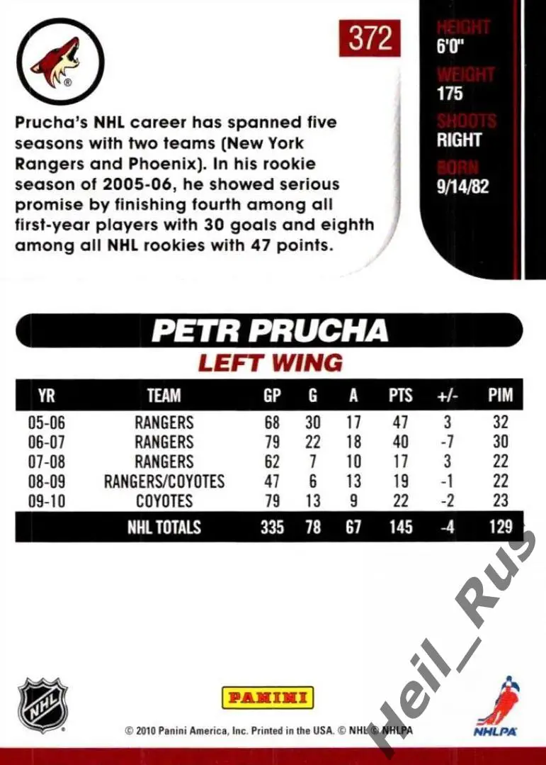 Хоккей Карточка Petr Prucha/Петр Пруха (Phoenix Coyotes/Финикс, СКА) НХЛ/NHL/КХЛ 1