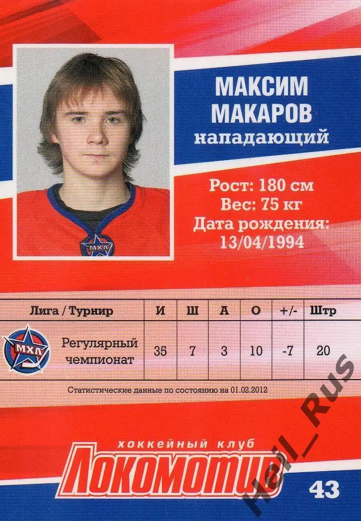Хоккей. Карточка Максим Макаров (Локомотив Ярославль) ВХЛ/МХЛ/КХЛ сезон 2011/12 1