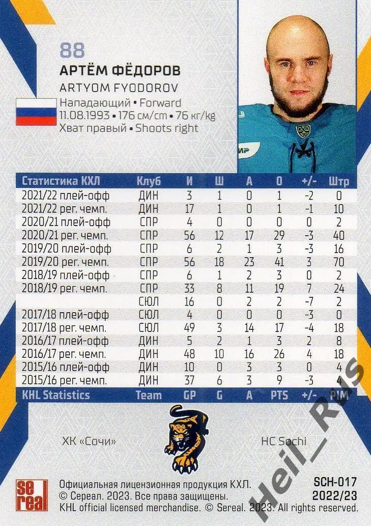 Хоккей. Карточка Артем Федоров (ХК Сочи) КХЛ/KHL сезон 2022/23 SeReal 1