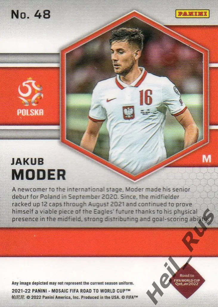 Футбол. Карточка Jakub Moder/Якуб Модер (Польша, Брайтон энд Хоув) 2022 Panini 1