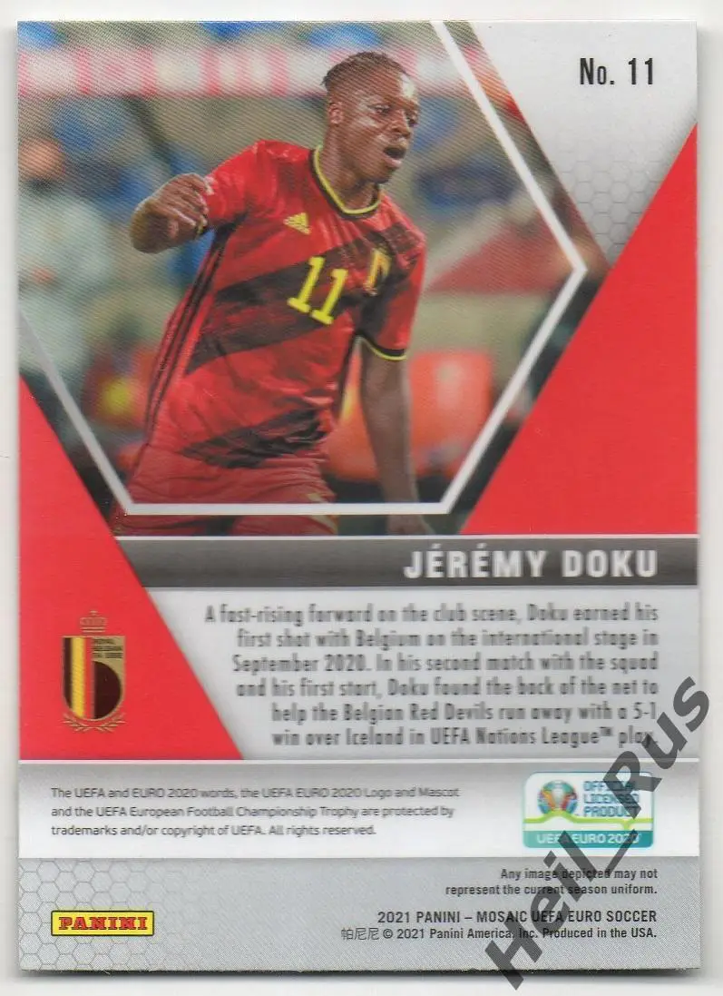 Футбол. Карточка Jeremy Doku/Жереми Доку (Бельгия, Ренн) Euro/Евро 2020 Panini 1