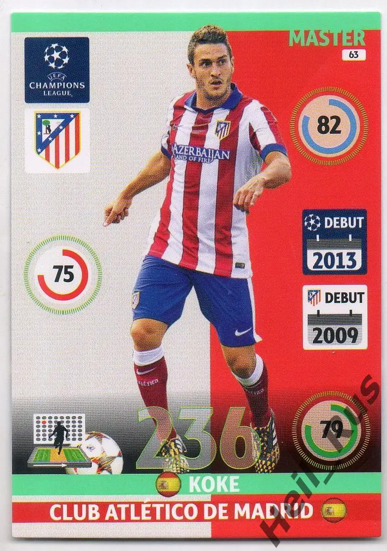 Футбол. Карточка Koke / Коке (Атлетико Мадрид) Лига Чемпионов 2014-15 Panini