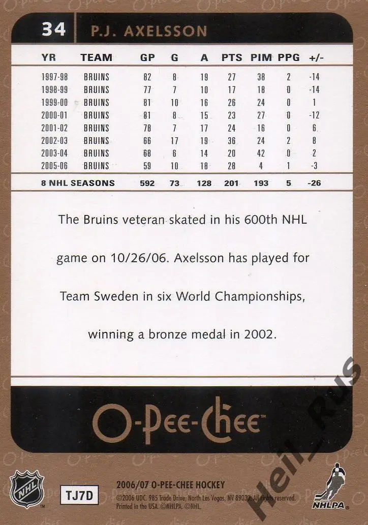 Хоккей Карточка P.J. Axelsson/Пер-Юхан Аксельссон (Boston Bruins/Бостон) НХЛ/NHL 1
