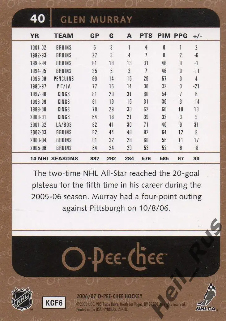 Хоккей. Карточка Glen Murray/Глен Мюррей (Boston Bruins / Бостон Брюинз) НХЛ/NHL 1