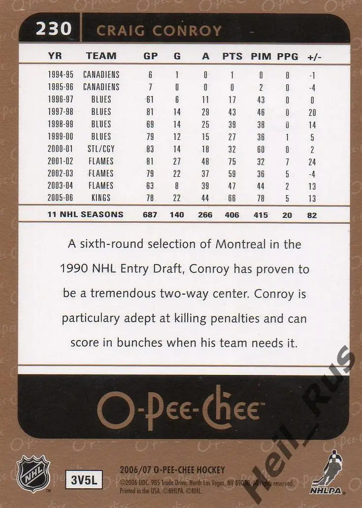 Хоккей. Карточка Craig Conroy/Крейг Конрой (Los Angeles Kings/Кингз) НХЛ/NHL 1