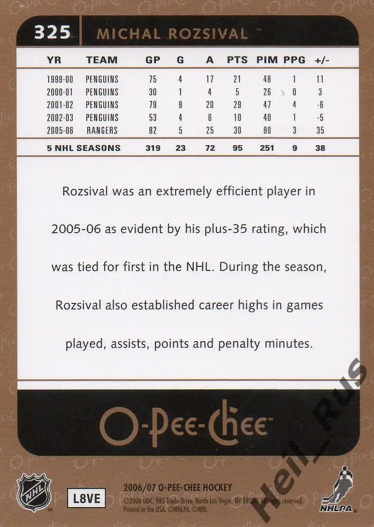 Хоккей Карточка Michal Rozsival/Михал Розсивал New York Rangers/Нью-Йорк НХЛ/NHL 1