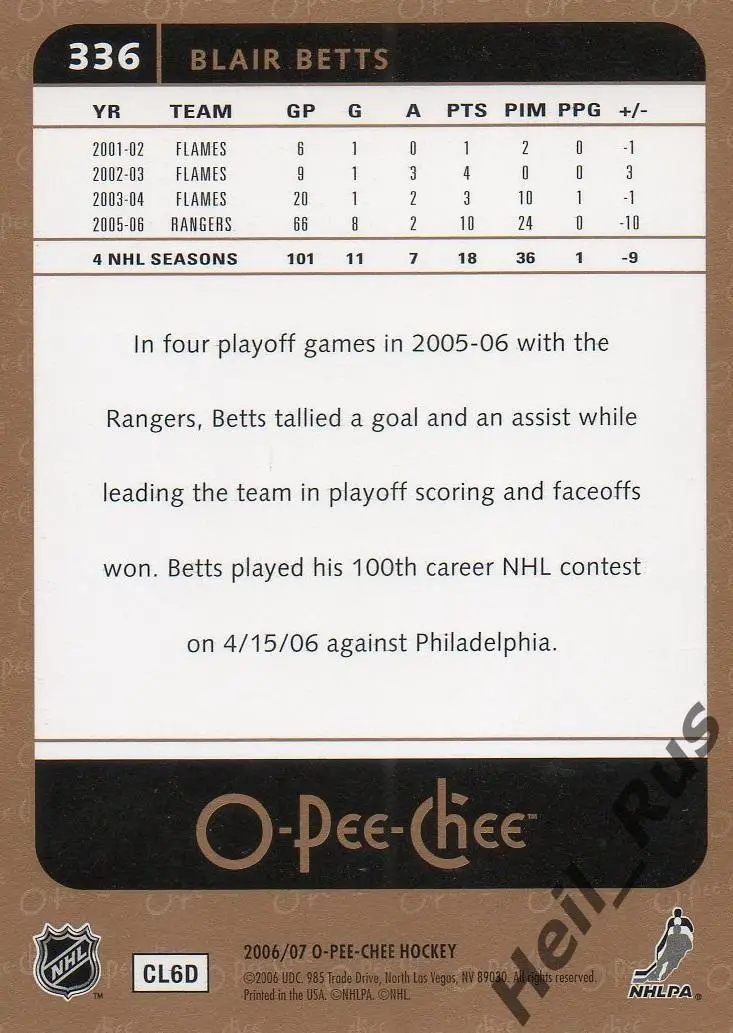 Хоккей. Карточка Blair Betts/Блэйр Беттс (New York Rangers/Нью-Йорк) НХЛ/NHL 1