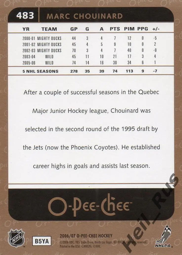 Хоккей. Карточка Marc Chouinard/Марк Шуинар (Vancouver Canucks/Ванкувер) НХЛ/NHL 1