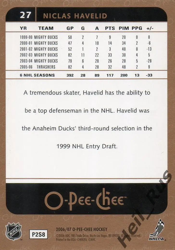 Хоккей. Карточка Niclas Havelid/Никлас Хавелид Atlanta Thrashers/Атланта НХЛ/NHL 1