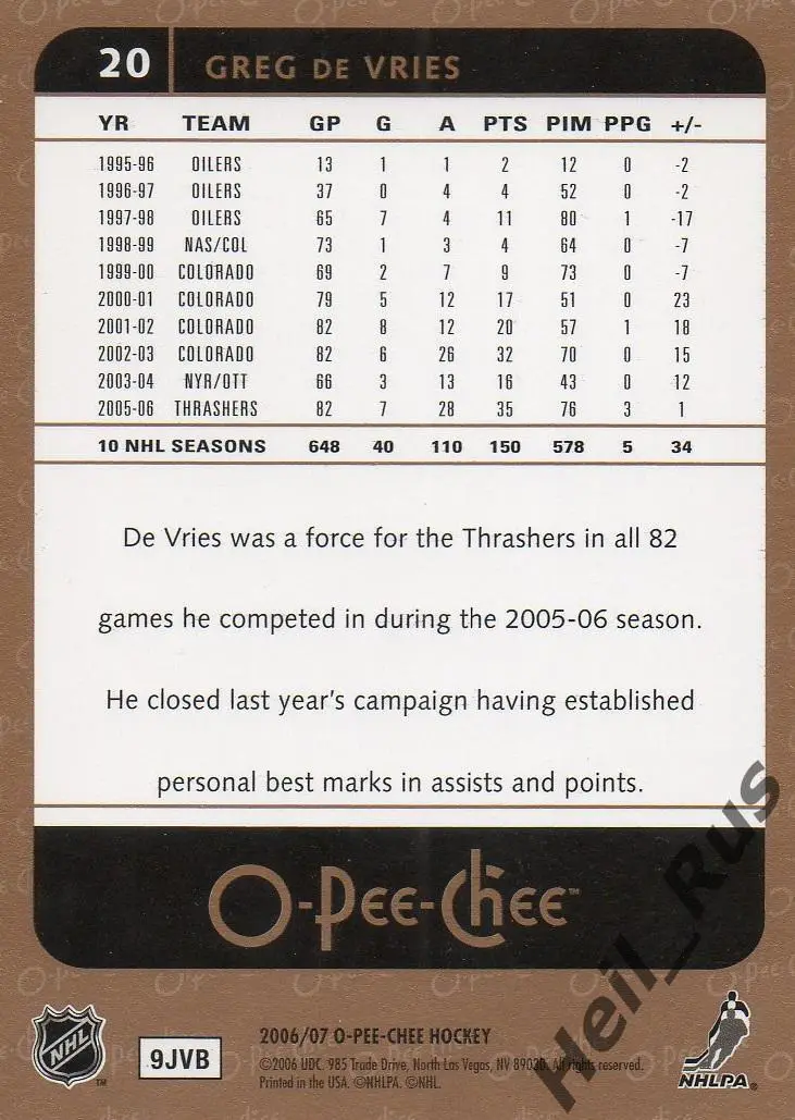 Хоккей. Карточка Greg De Vries/Грег Де Вриз (Atlanta Thrashers/Атланта) НХЛ/NHL 1