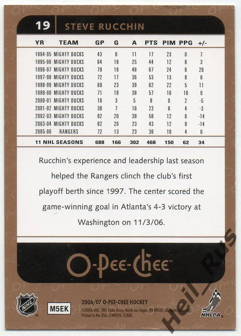 Хоккей. Карточка Steve Rucchin/Стив Руччин (Atlanta Thrashers/Атланта) НХЛ/NHL 1