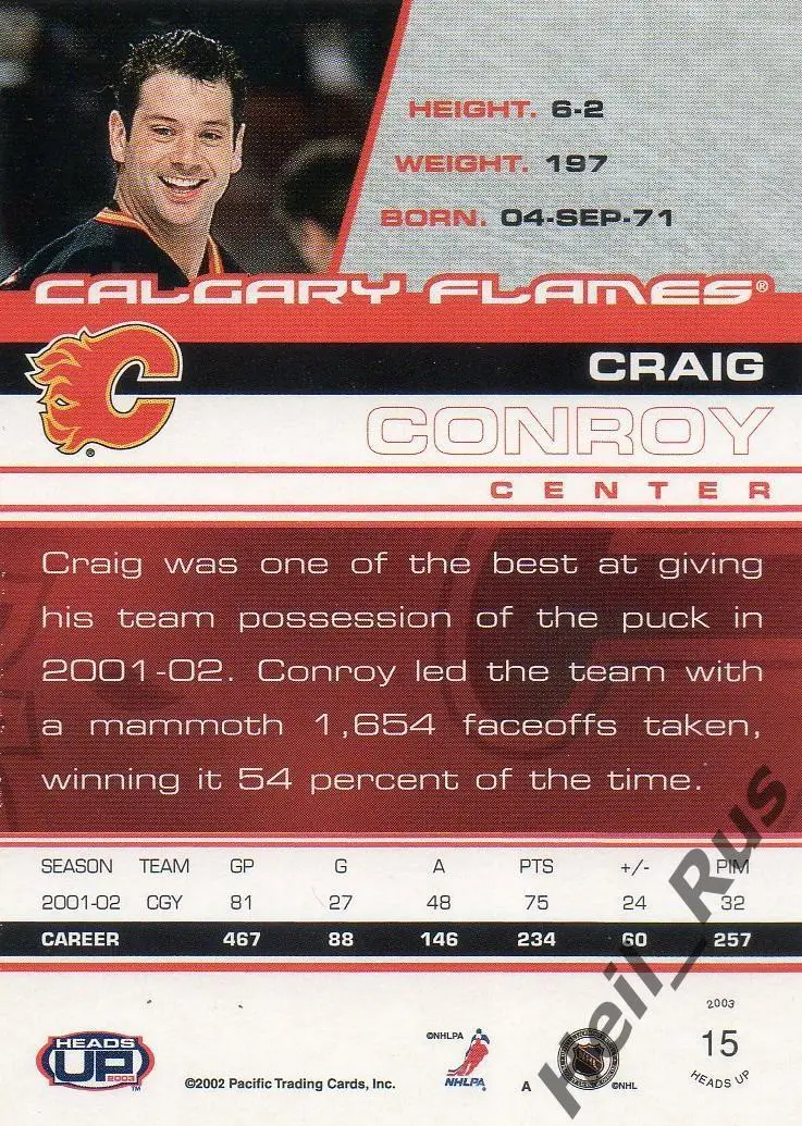 Хоккей. Карточка Craig Conroy/Крейг Конрой Calgary Flames/Калгари Флэймз НХЛ/NHL 1