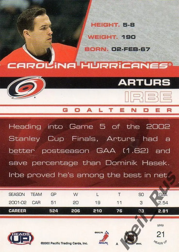 Хоккей. Карточка Артурс Ирбе Carolina Hurricanes/Каролина, ЦСКА, Динамо Рига НХЛ 1