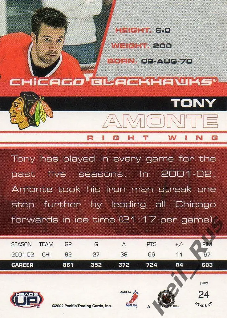 Хоккей. Карточка Tony Amonte/Тони Амонте (Chicago Blackhawks/Чикаго) НХЛ/NHL 1